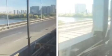 Російський дрон атакував Південний міст у Києві, коли там їхав потяг метро (відео)